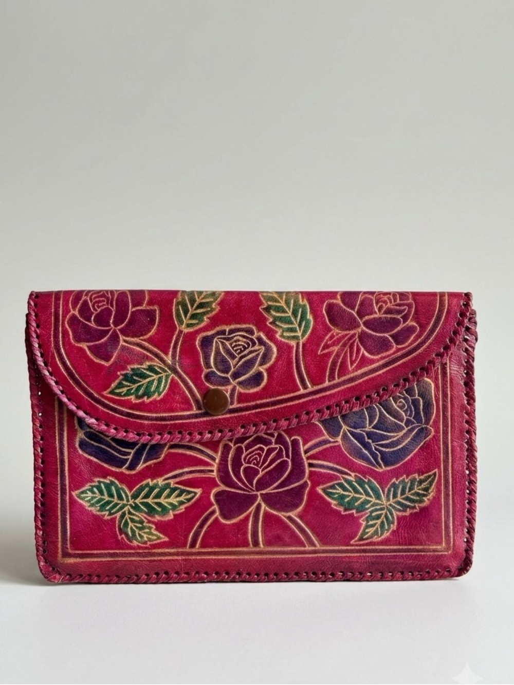 Vintage 70s Hand Tooled Rose Leather Clutch Wallet Pouch Bohemian Festival 8x5”